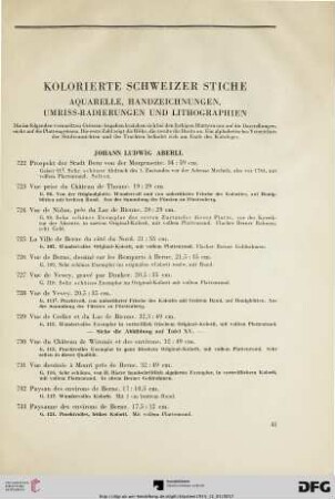 Kolorierte schweizer Stiche; Aquarelle, Handzeichnungen, Umriss-Radierungen und Lithographien (Nr. 722-750)