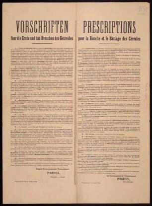 "Vorschriften fuer die Ernte und das Dreschen des Getreides"
