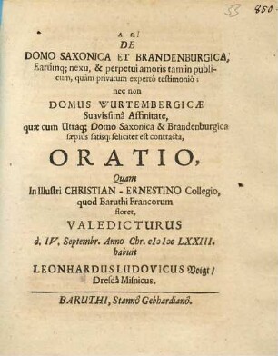 De Domo Saxonica Et Brandenburgica, Earumque nexu .. nec non Domus Wurtembergicae Suavissima Affinitate ... Oratio