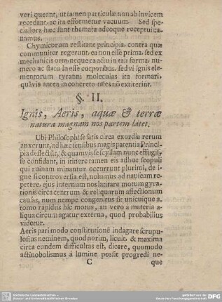 §. II. Ignis, Aeris, aquae & terrae natura magnam nos partem latet.