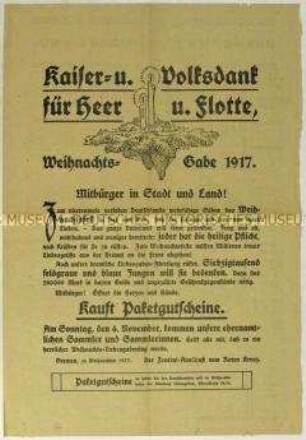 Aufruf des Roten Kreuzes zum Kauf von Paketgutscheinen für die Frontsoldaten anlässlich Weihnachten 1917