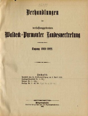 1919/1920, Nr. 1-Nr. 23 (15. April 1919/28. Dezember 1920): Verhandlungen der Verfassunggebenden Waldeck-Pyrmonter Landesvertretung / Waldeck-Pyrmont Verfassungsgebende Landesvertretung. - Mengeringhausen