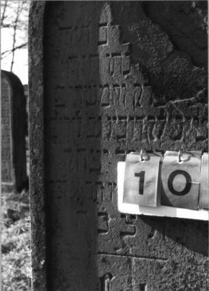Grabstein 105 (Index: 100116415) Material: Sandstein Zustand: rechter oberer Teil der Stele abgebrochen mit Textverlust Maße HxBxT: 165x56x25 cm Beschreibung: aufgesockelte Stele mit Rundbogenabschluß, eingetieftem Schriftfeld und Schriftfeld am Sockel: Grabstein 105A (Detailaufnahme)