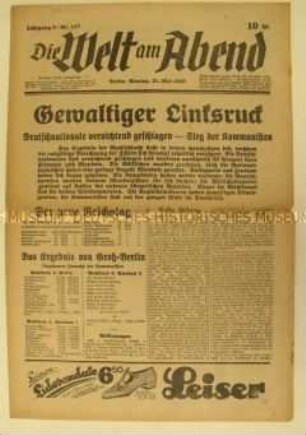 Berliner Abendzeitung "Die Welt am Abend" mit den Ergebnissen der Reichstagswahl 1928