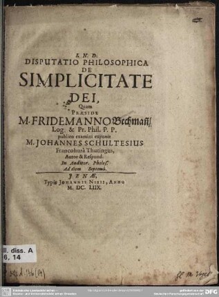 Disputatio philosophica de simplicitate dei