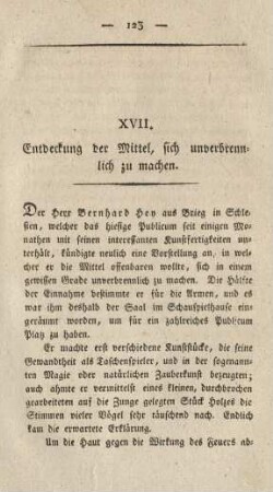XVII. Entdeckung der Mittel, sich unverbrennlich zu machen