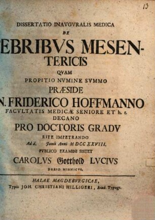 Diss. inaug. med. de febribus mesentericis