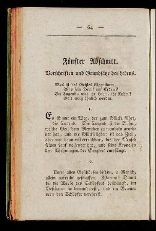 Fünfter Abschnitt. Vorschriften und Grundsätze des Lebens.