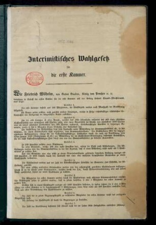 Interimistisches Wahlgesetz für die erste Kammer : [Gegeben Potsdam, den 6ten Dezember 1848]