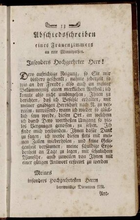 Abschiedsschreiben eines Frauenzimmers an eine Mannsperson