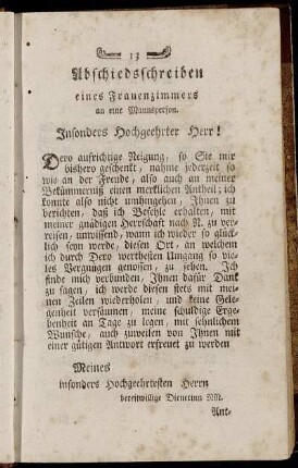 Abschiedsschreiben eines Frauenzimmers an eine Mannsperson