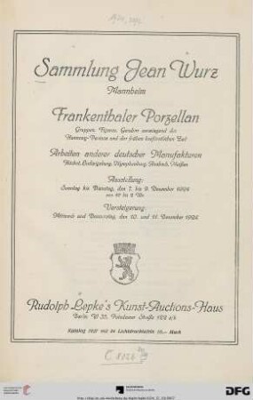 Sammlung Jean Wurz Mannheim. Frankenthaler Porzellan