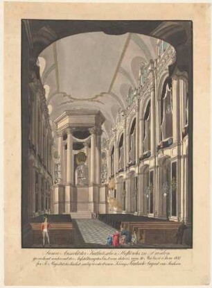 Innenraum der Katholischen Hofkirche in Dresden mit dem Castrum doloris für Friedrich August I. den Gerechten während der Aufbahrung vom 30. Mai bis 1. Juni 1827