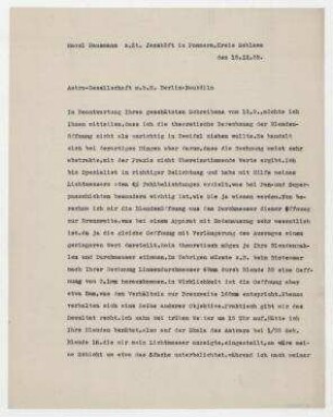 Brief von Raoul Hausmann an Astro-Gesellschaft m.b.H. Jershöft