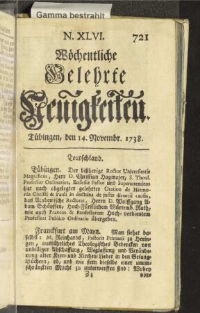 N. XLVI. Tübingen, den 14. Novembr. 1738