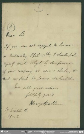 Eigenh. Brief von Henry Hallam an August Wilhelm von Schlegel, London, ohne Datumsangabe