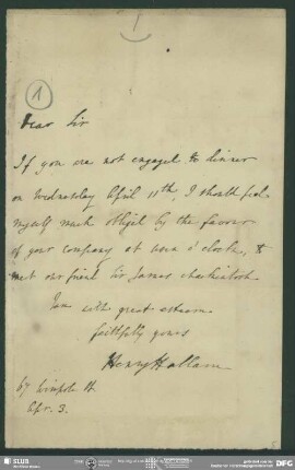 Eigenh. Brief von Henry Hallam an August Wilhelm von Schlegel, London, ohne Datumsangabe