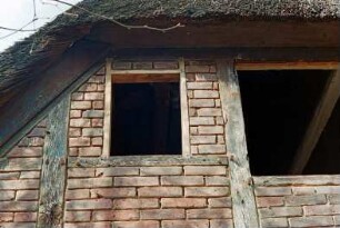 Hoisbüttel: Lübecker Straße (18): Fachwerkhaus mit Reetdach: Restaurierung: Giebelseite: Detailaufnahme: Gefache mit Ausmauerung, Ständer und Riegel mit Holznägeln, Fensteröffnungen, Sparren, Dachkante
