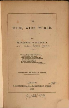 The wide, wide world : By Elizabeth Wetherell [d. i. Susan Bogert Warner]. Illustr. By William Harvey