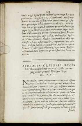 Apologia Oratoris Regis Christianissimi super eius verba dicta in congregatione generali ...