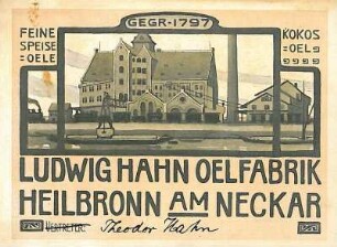 Werbekarte der Ölfabrik Ludwig Hahn mit Firmenansicht der neuen Fabrik an der Neckargartacher Straße