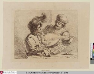 [Two Men Playing on a Guitar and Singing; Zwei Männer, auf der Laute spielend und singend]