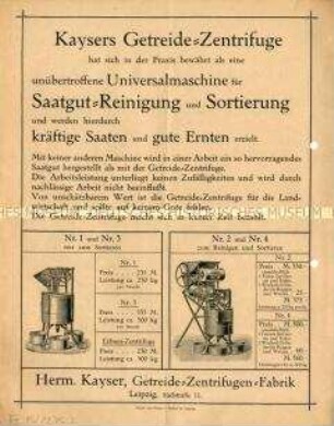 Veröffentlichung des Prüfungsergebnisses über die Getreide-Zentrifuge von Kayser