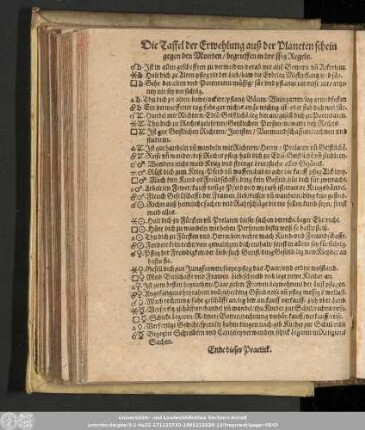 Die Taffel der Erwehlung auß der Planeten schein gegen den Monden/ begrieffen in dreissig Regeln.