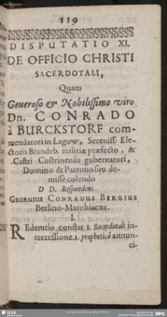 Disputatio XI. De Officio Christi Sacerdotali