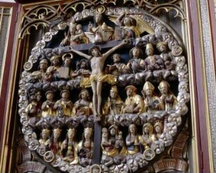 Rosenkranzaltar — Mittelschrein mit Rosenkranztondo mit Kruzifix und Heiligen