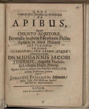 Exercitatio Historico-Zoologica De Apibus