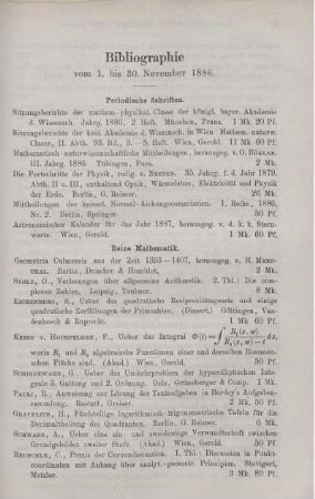 Bibliographie vom 1. bis 30. November 1886.