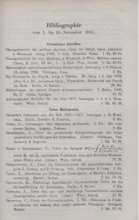 Bibliographie vom 1. bis 30. November 1886.