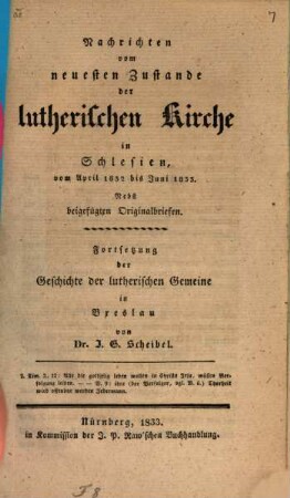 Nachrichten vom neuesten Zustande der lutherischen Kirche in Schlesien : vom April 1832 bis Juni 1833 ; nebst beigefügten Originalbriefen