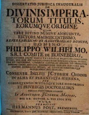 Diss. iur. inaug. de divinis imperatorum titulis, eorumque origine