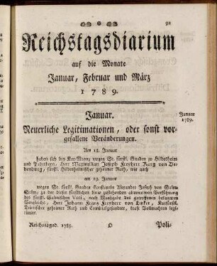 Reichstagsdiarium auf die Monate Januar, Februar und März 1789.