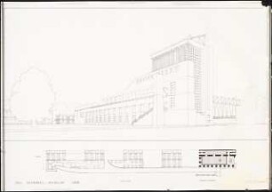 Architektur-Archiv, Karl Friedrich Schinkel gewidmet, Wohnbebauung in Beziehung zu Spree und Schloss Charlottenburg, Berlin Schinkelwettbewerb 1981: Schinkel-Museum: Grundriss Erdgeschoss, perspektivische Ansicht 1:200