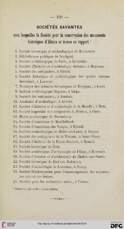 Sociétés savantes avec lesquelles la Société pour la conservation des monuments historiques d'Alsace se trouve en rapport