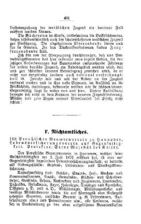 Preußischer Beamtenverein zu Hannover, Lebensversicherungsverein auf Gegenseitigkeit. Protektor: Seine Majestät der Kaiser : [F. Nichtamtliches]