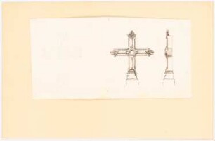 Zwei Kreuze mit offenem Medaillon: Vorskizze zu einer Ansicht, Ansicht und Profil eines Kreuzes mit Säulchen mit Kompositkapitell an den Kreuzarmenden (identisch mit dem Kreuz auf Inv.Nr. 44899, Nach- oder Durchzeichnung nach Pugin Glossary?)