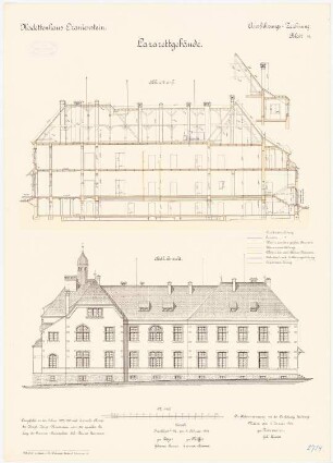 Kadettenhaus, Oranienstein: Lazarett: Aufriss Südansicht, Längsschnitt 1:100