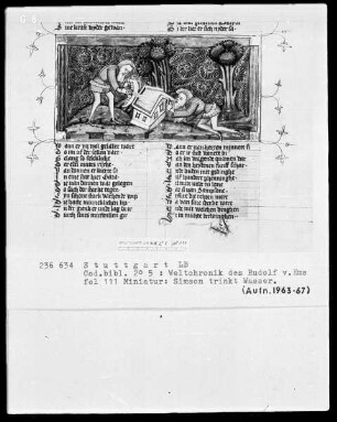 Weltchronik des Rudolf von Ems — Simson trinkt aus einer Quelle, Folio 111recto