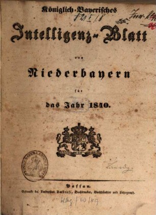 Königlich Bayerisches Intelligenzblatt von Niederbayern. 1840