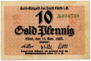 Geldschein / Notgeld, 10 Goldpfennig, 15.11.1923