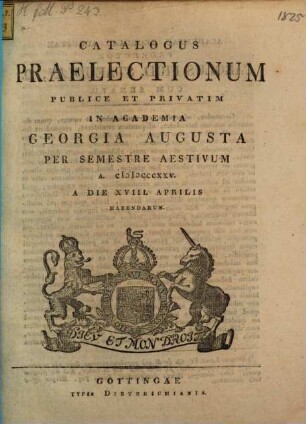 Catalogus praelectionum publice et privatim in Academia Georgia Augusta ... habendarum, SS 1825