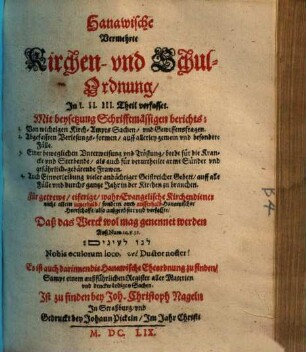 Hanawische Vermehrte Kirchen- vnd Schul-Ordnung
