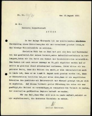 W. Wrede an Deutsche Gesandtschaft Athen