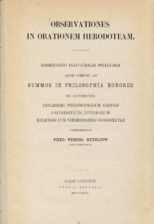 Obseruationes in orationem Herodoteam : (Haller Doctordiss.)
