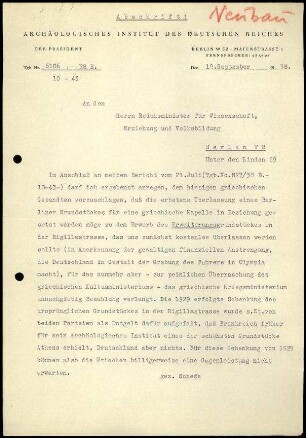 M. Schede an Reichsminister für Wissenschaft, Erziehung und Volksbildung