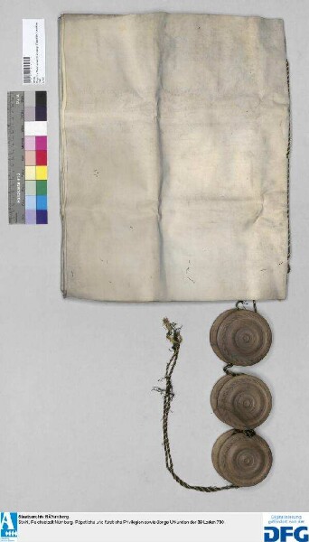 Vertrag zwischen Bischof Adam Friedrich von Bamberg und der Stadt Nürnberg über die hohe Zent- und niedern Gerichtsbarkeit über die im Dorfe Hausen dann überhaupt in der Cent Forchheim gelegenen Nürnbergischen Lehengüter /Im Anhang ein nach Ortschaften (genannt sind die Orte Adelsdorf, Dietzhof, Kirchehrenbach, Mittelehrenbach, Gaigang, Kersbach, Pinzberg, Poppendorf, Burk und Röttenbach) hergestelltes Verzeichnis der in den Dorfsfluren liegend "ledigen" Stück. - Siegler: Bischof und Domkapitel zu Bamberg, die Stadt Nürnberg. 1774 Februar 28, Bamberg; 1774 März 2, Nürnberg